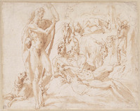 K II 104
<br/>
Herder in gesprek met twee liggende mannen
<br/>
<em>Bertoia, Jacopo Zanguidi (1544-1574)</em>